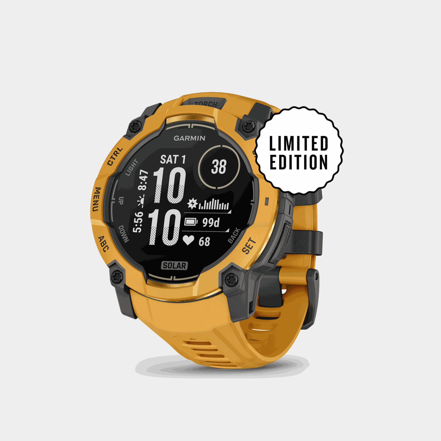 Instinct 3, 50mm, Solar, Sunburst with Gray Accents, multisportklokke, smartklokke - full image 1