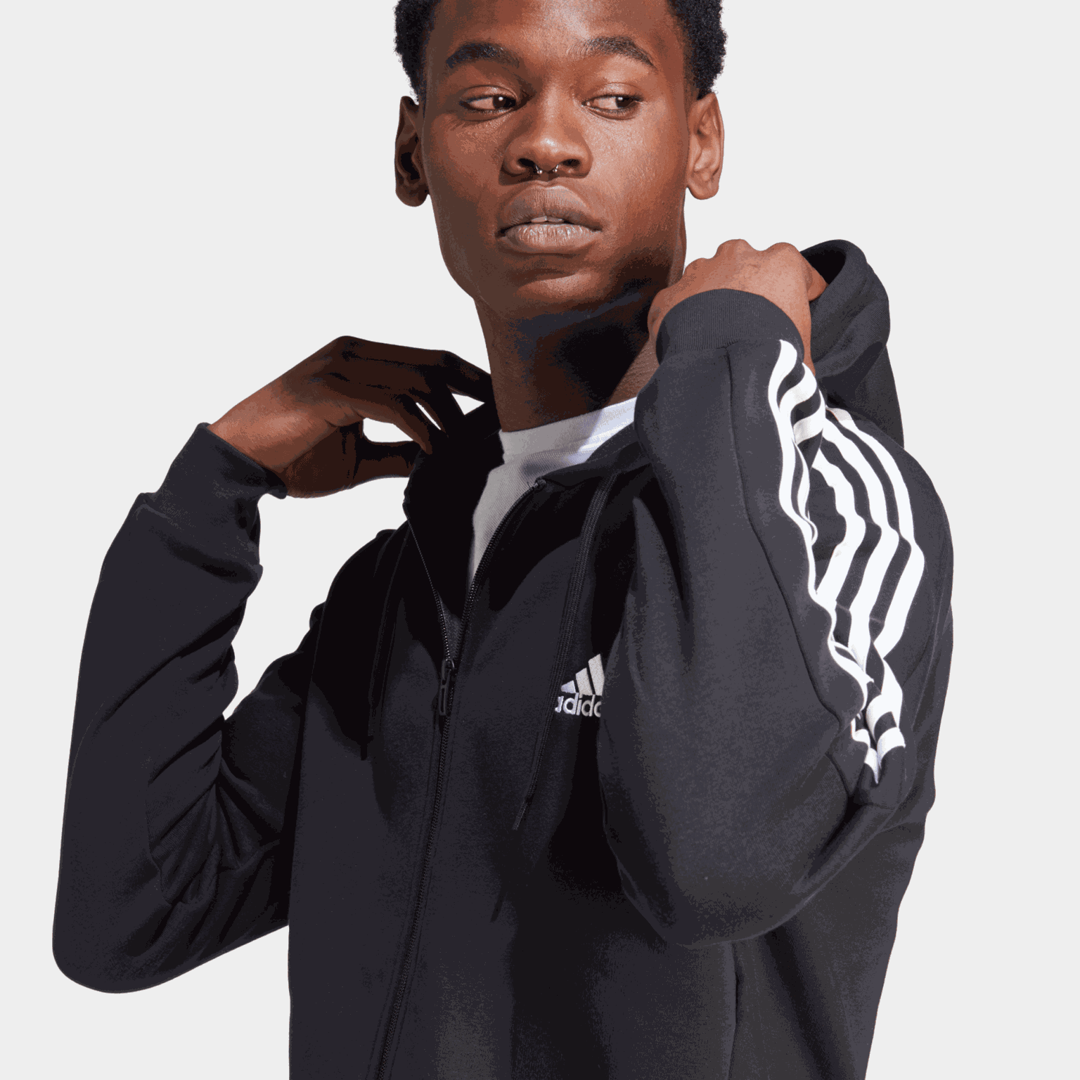 Essential Fleece 3-Stripes Full Zip, hettejakke, herre - full image 3